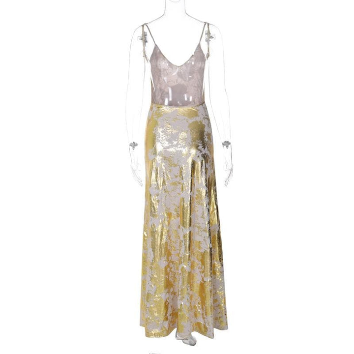 V neck backless metallic print contrast cami maxi dress  | Festival Outfits Women