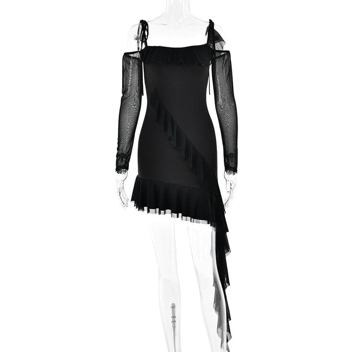 Ruffle self tie irregular off shoulder mesh long sleeve mini dress