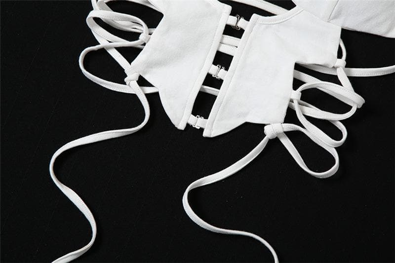 Button hollow out v neck halter backless lace up crop cut out top