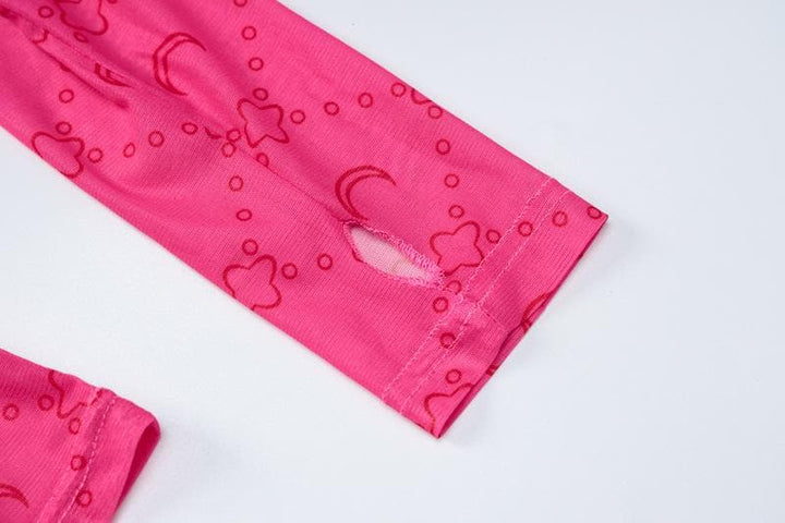 Sheer mesh see through solid long sleeve gloves print high neck top