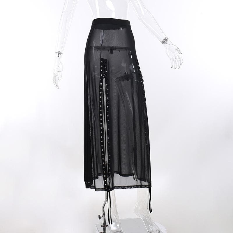 Sheer mesh see through lace up slit solid maxi skirt-final-sale