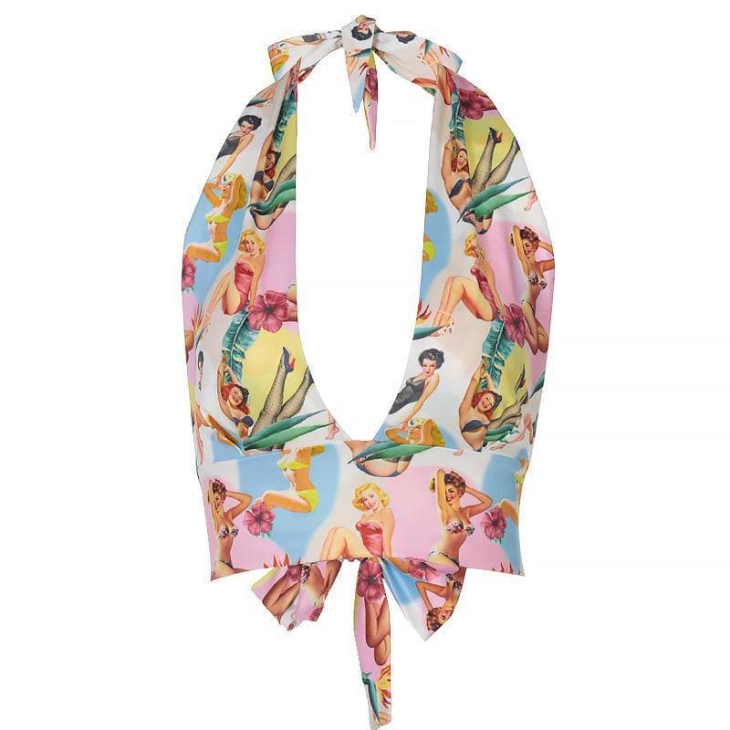 Backless bowknot halter printed top - Halibuy