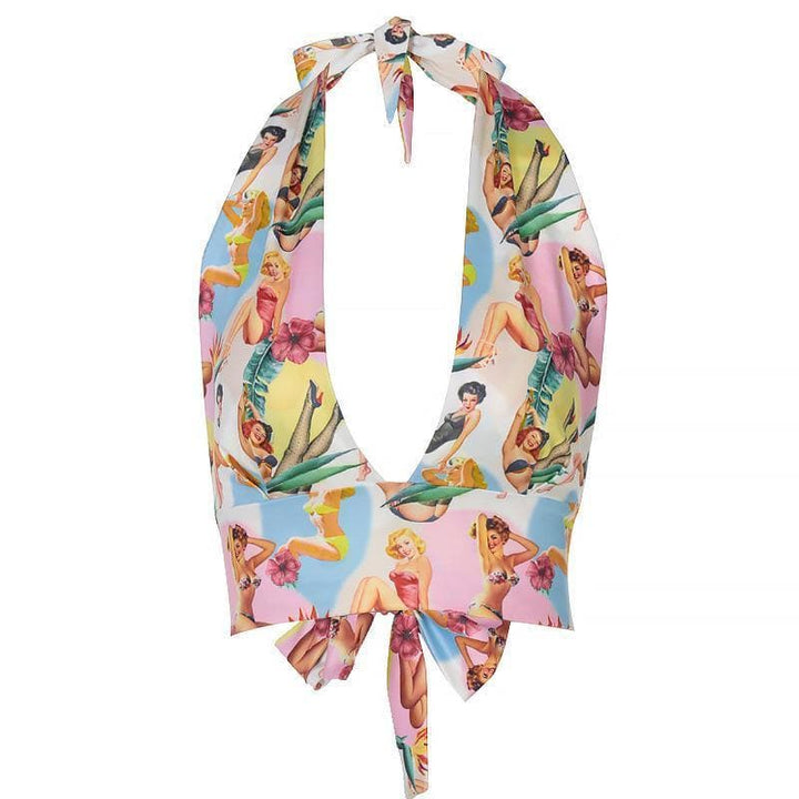 Backless bowknot halter printed top - Halibuy