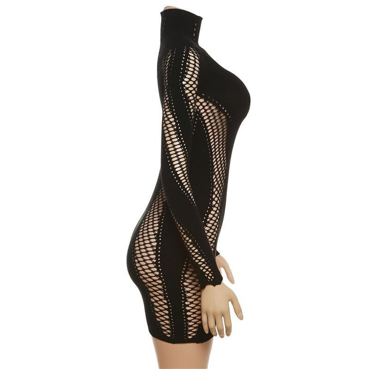 Hollow out solid long sleeve fishnet high neck cut out mini dress-final-sale