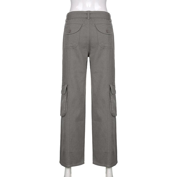 Tie waist pocket button solid straight leg cargo jeans Parachute pants