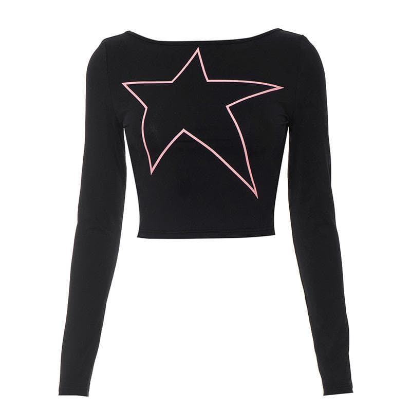 Long sleeve star pattern backless contrast crop top  | Festival Outfits Women