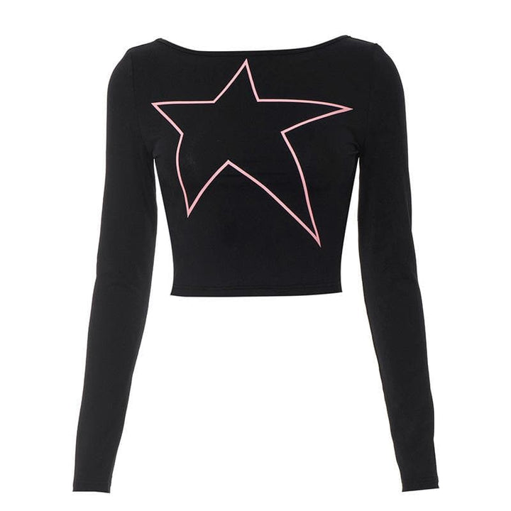 Long sleeve star pattern backless contrast crop top  | Festival Outfits Women