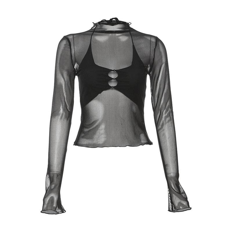 Long sleeve mesh high neck ruffle self tie solid 2 piece crop top | Mesh Long Sleeve Crop Top