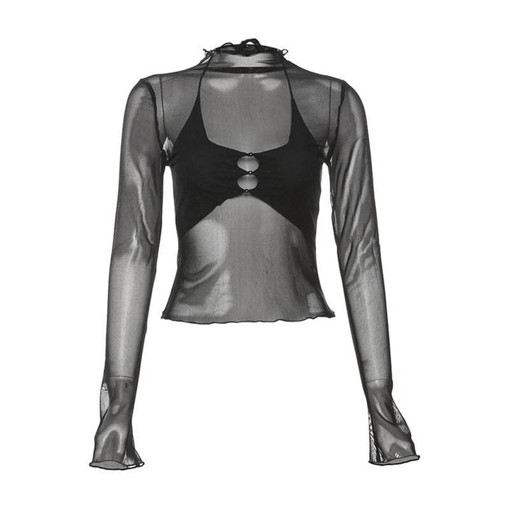 Long sleeve mesh high neck ruffle self tie solid 2 piece crop top | Mesh Long Sleeve Crop Top