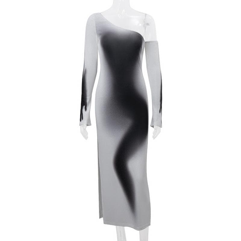 Long sleeve one shoulder ruched palm print gradient slit maxi dress- Final Sale  | Festival Outfits Women