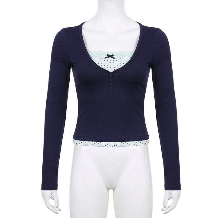 Polka dot patchwork long sleeve lace hem button top  | Festival Outfits Women
