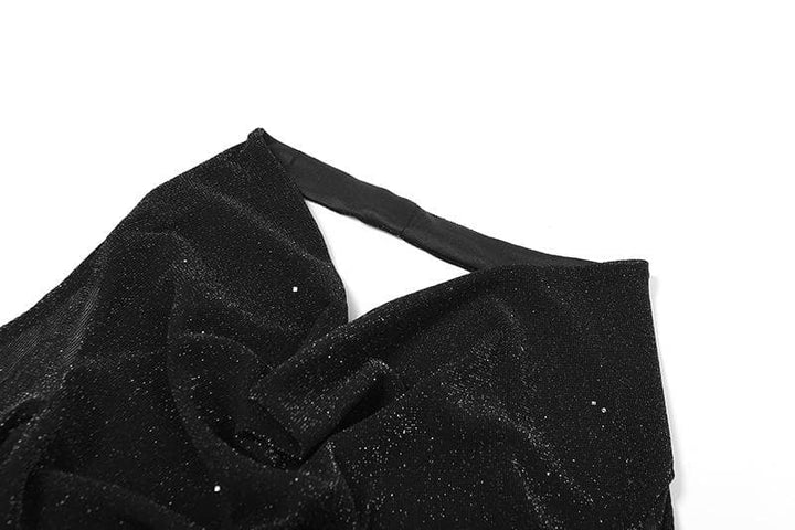 Long sleeve off shoulder halter cowl neck glitter mesh mini dress  | Festival Outfits Women-final-sale