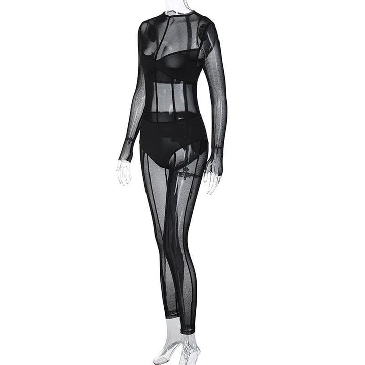 Mesh patchwork zip-up solid long sleeve jumpsuit  | Festival Outfits Women