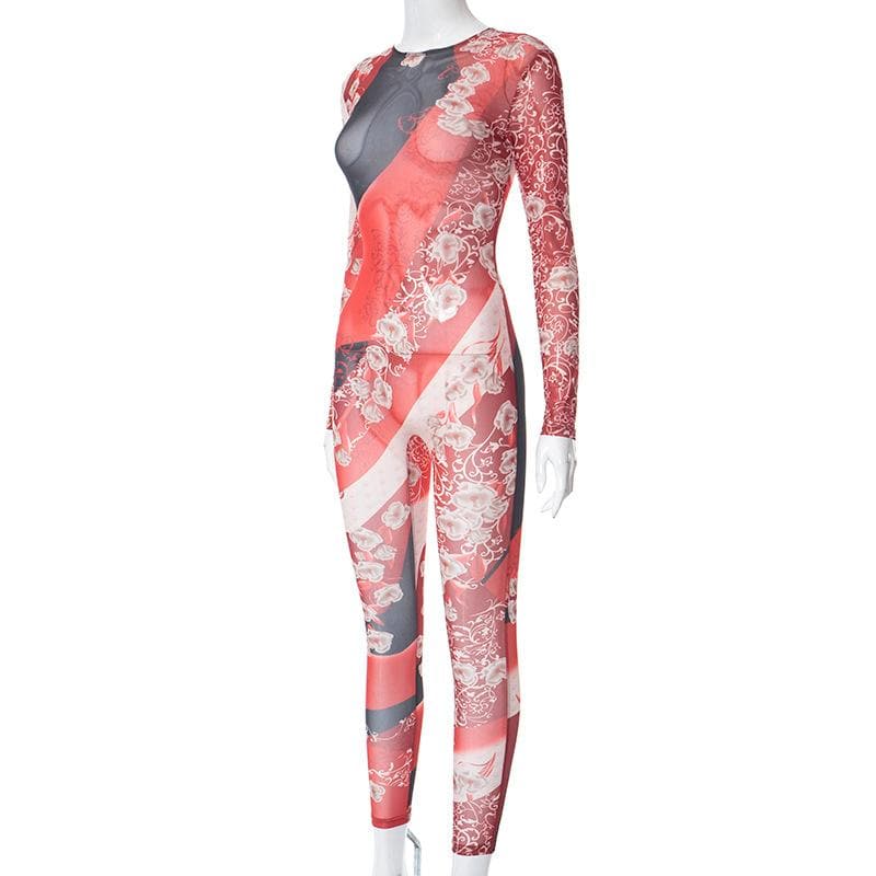 Contrast print zip-up long sleeve sheer mesh see through jumpsuit  | Festival Outfits Women