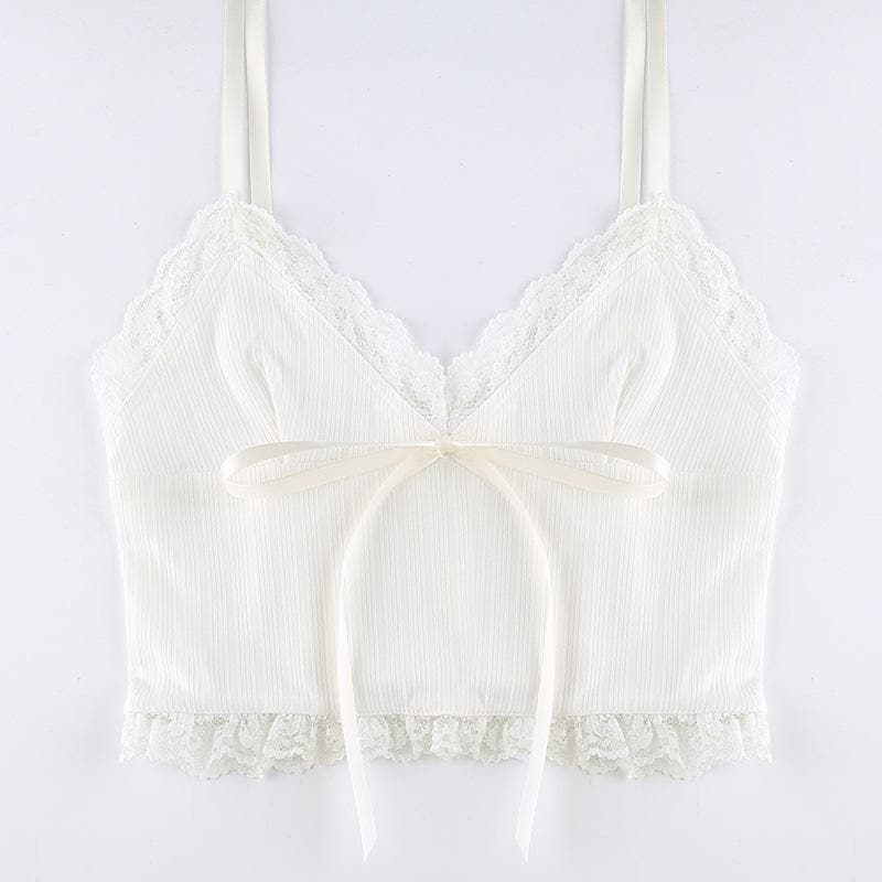 Hem lace self tie ribbed crop cami top