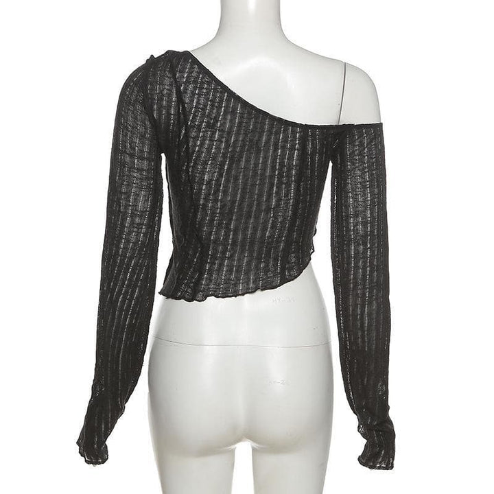 Long sleeve one off shoulder see through ruffled top - Halibuy