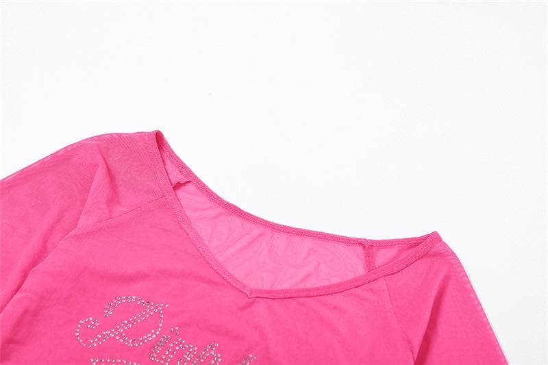 Mesh off shoulder long sleeve beaded halter 2 piece crop top | Mesh Long Sleeve Crop Top