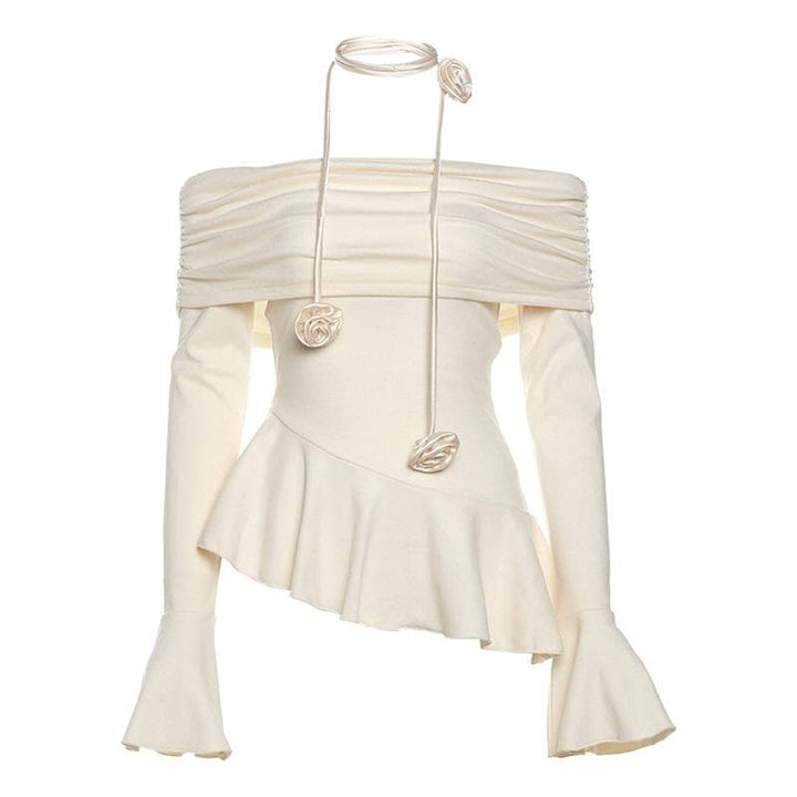 Off shoulder ruffle flower applique long flared sleeve ruched top  | Festival Outfits Women