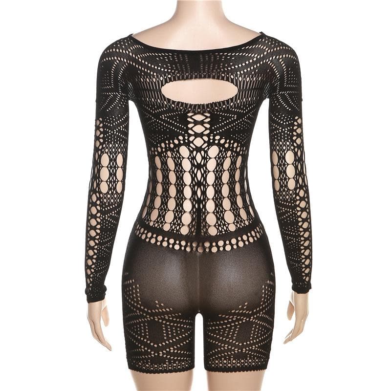 Long sleeve hollow out fishnet solid romper-final-sale