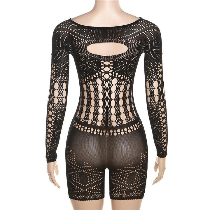 Long sleeve hollow out fishnet solid romper-final-sale