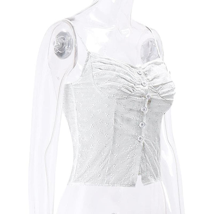 Textured pleated button slit solid backless cami top