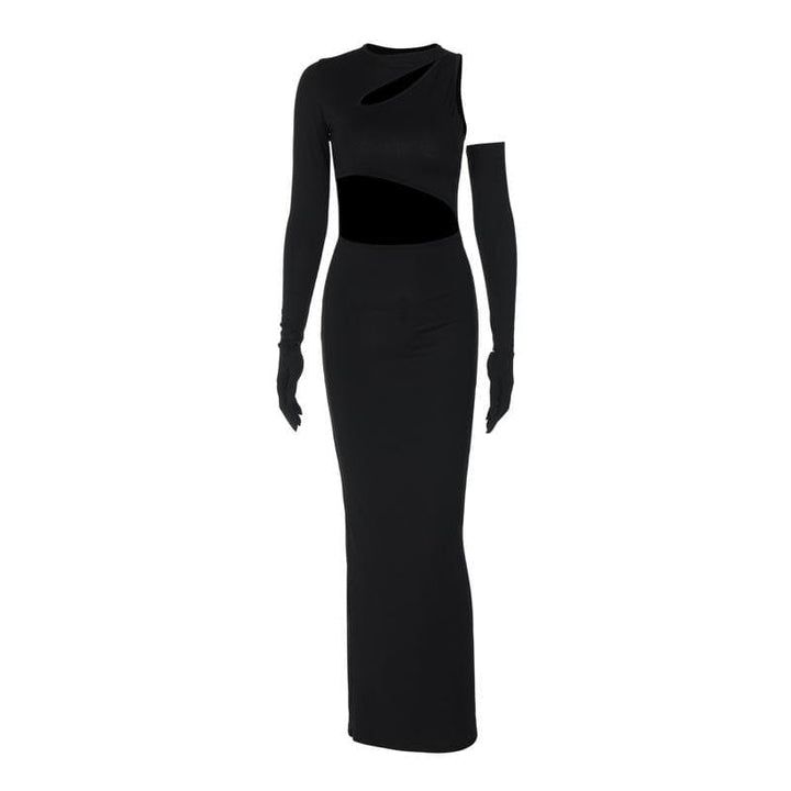 Long sleeve gloves irregular hollow out crewneck cut out maxi dress  | Festival Outfits Women