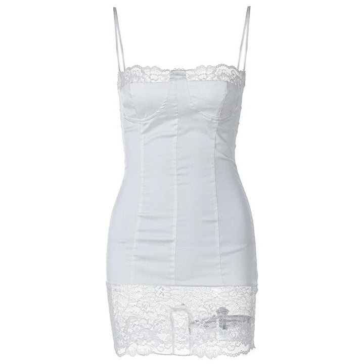 Lace patchwork stitch zip-up backless cami mini dress  | Festival Outfits Women