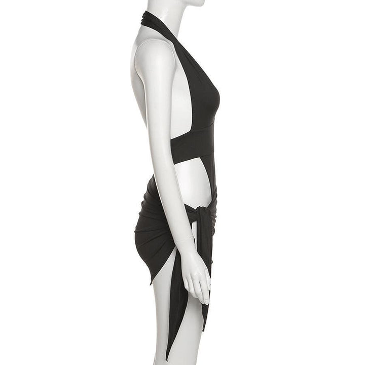 Halter V Neck knotted Ruched Bodycon Dress - Halibuy