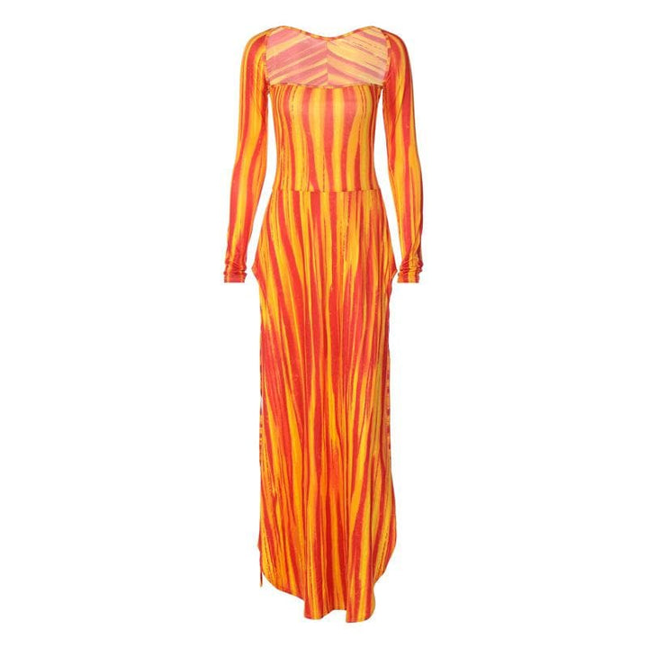 Striped contrast square neck long sleeve slit maxi dress  | Festival Outfits Women