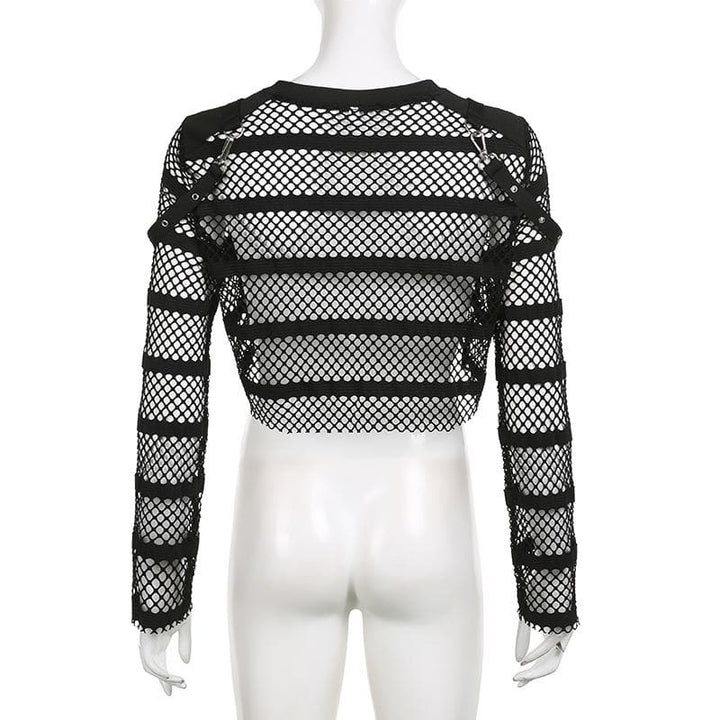 Hollow out long sleeve fishnet see through buckle solid crop cut out top