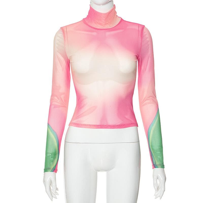 Long sleeve high neck print sheer mesh contrast top  | Festival Outfits Women