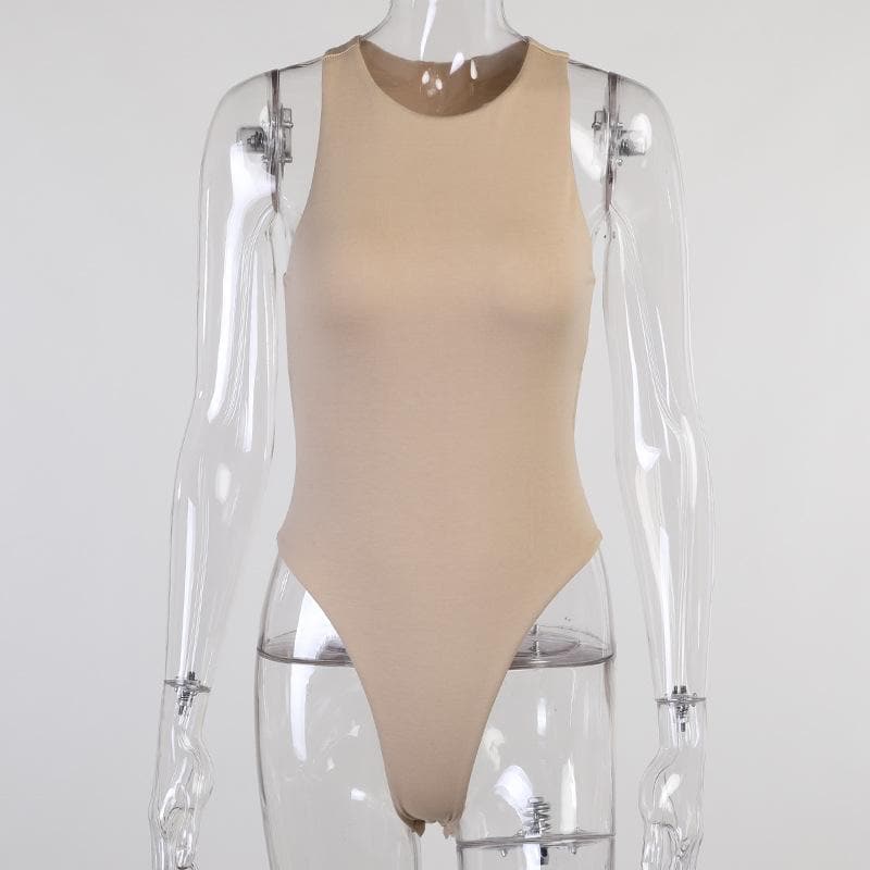 Double layered open back solid round neck sleeveless bodysuit