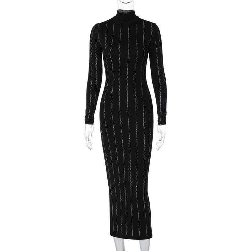 Long sleeve high neck beaded solid midi dress  | Festival Outfits Women