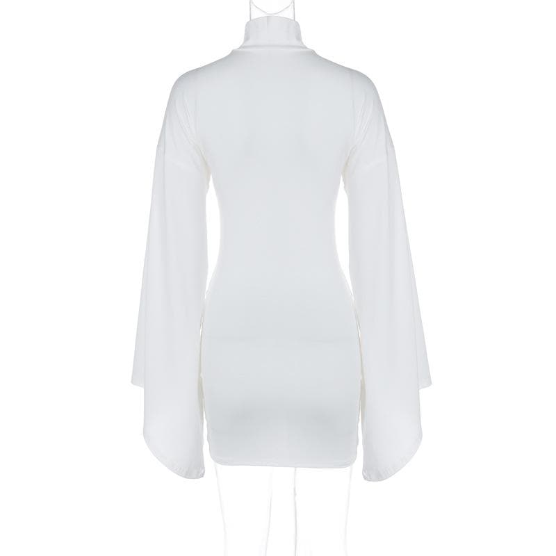 Long flared sleeve high neck ruched buckle solid mini dress  | Festival Outfits Women