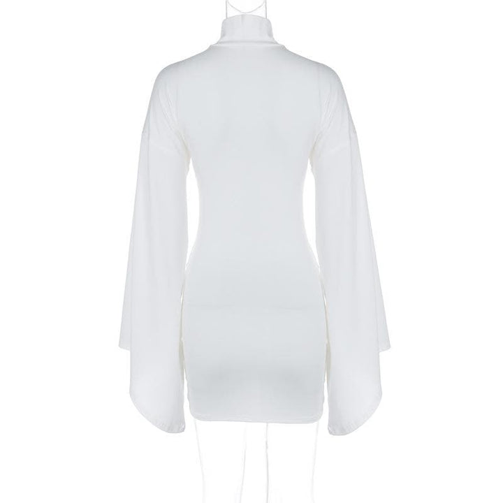 Long flared sleeve high neck ruched buckle solid mini dress  | Festival Outfits Women