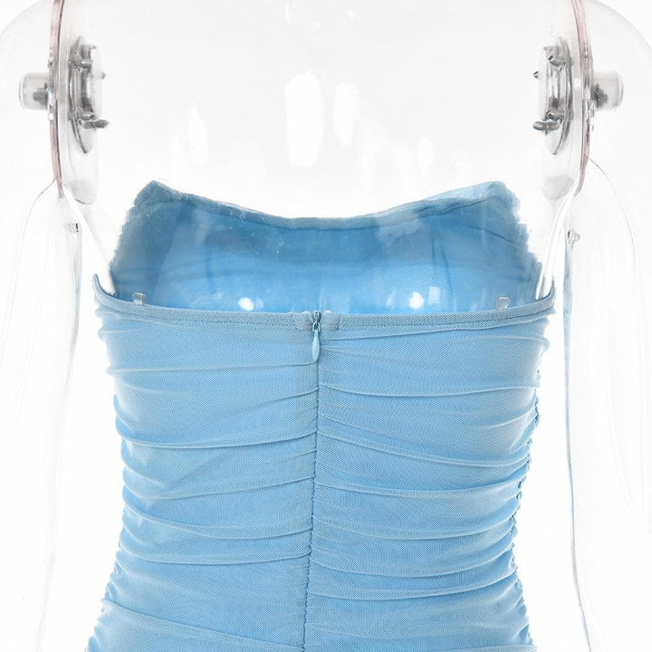 Mesh zip-up halter ruched slit irregular low cut 3-way dress