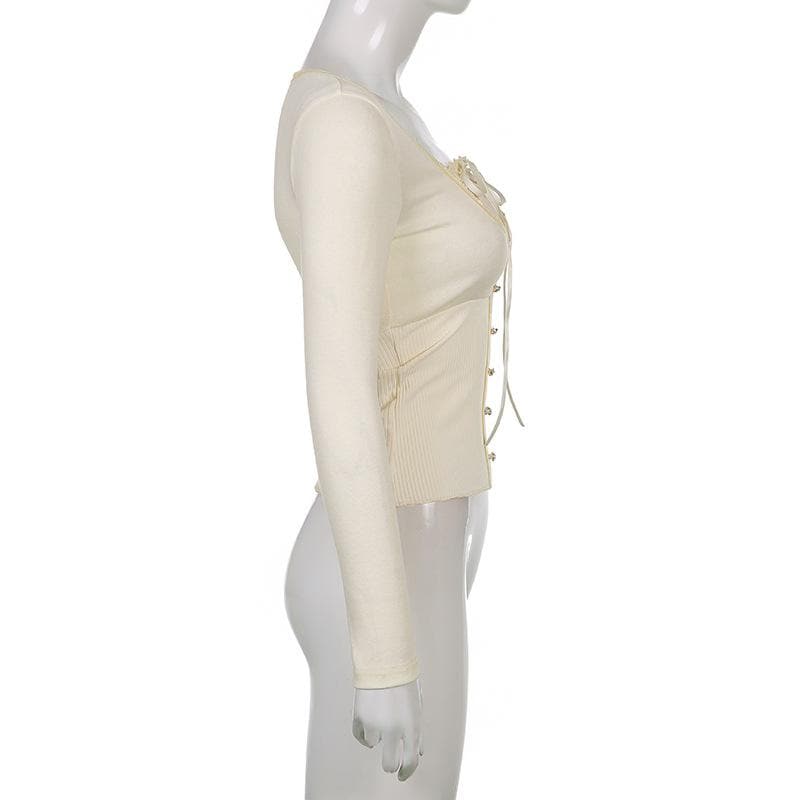 Solid long sleeve lace hem button self tie top