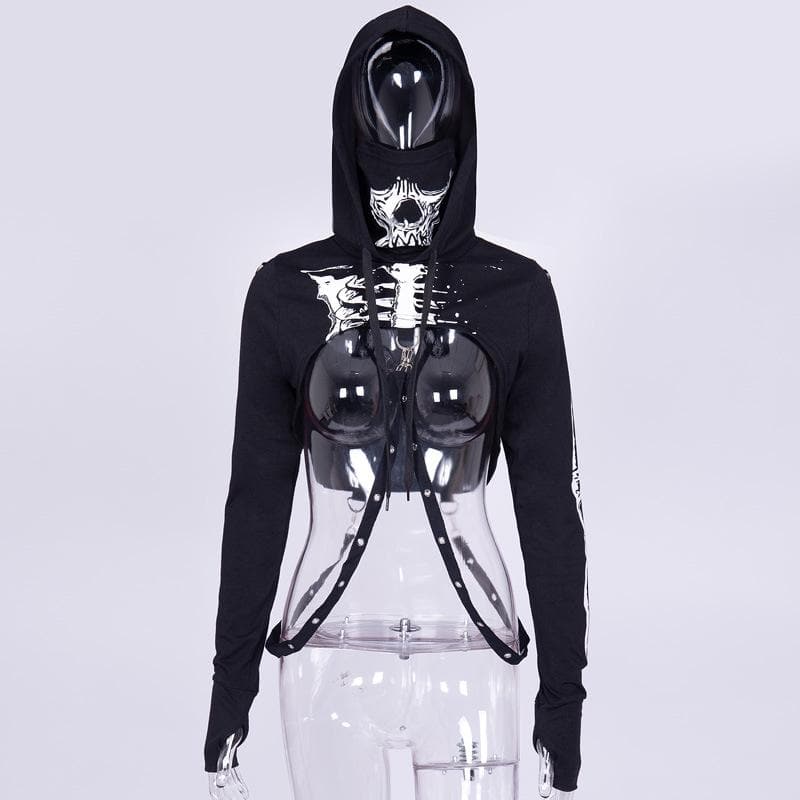Long sleeve hoodie skeleton print buckle gloves contrast shrug top  | Festival Outfits Women