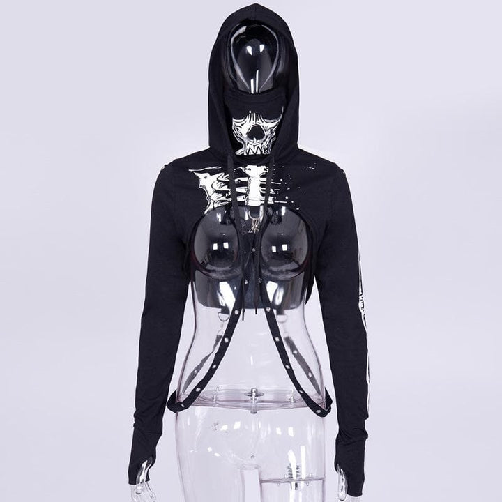 Long sleeve hoodie skeleton print buckle gloves contrast shrug top  | Festival Outfits Women