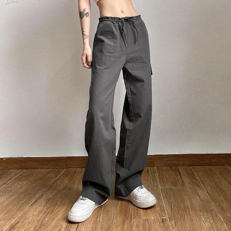 Solid cargo pocket self tie low rise straight leg Parachute pants