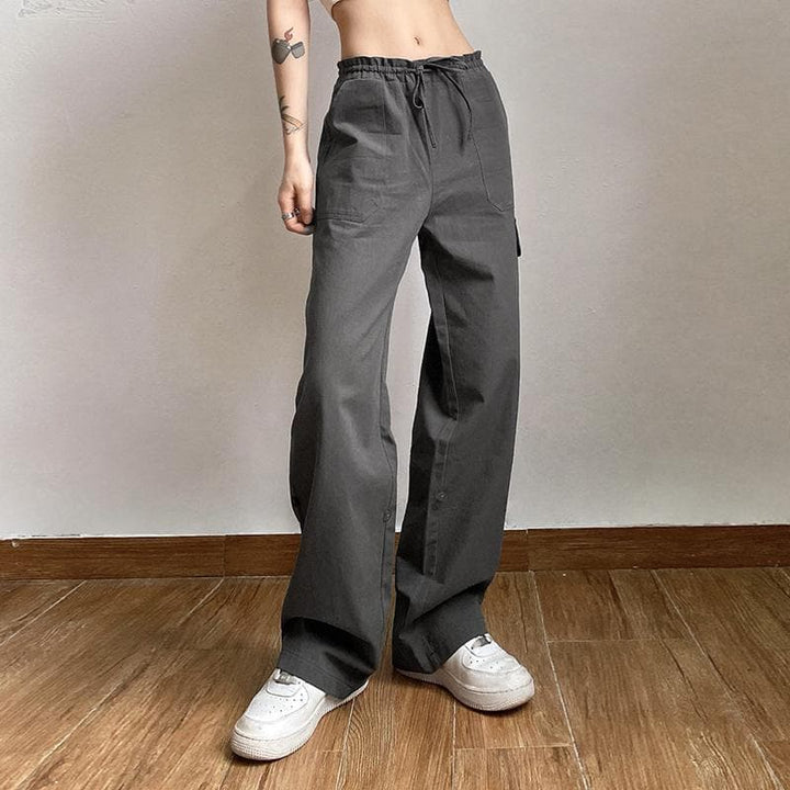 Solid cargo pocket self tie low rise straight leg Parachute pants