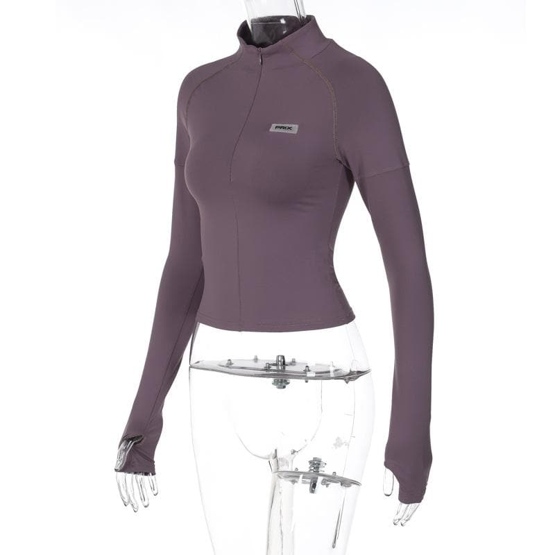 Gloves zip-up solid long sleeve high neck top  | Festival Outfits Women