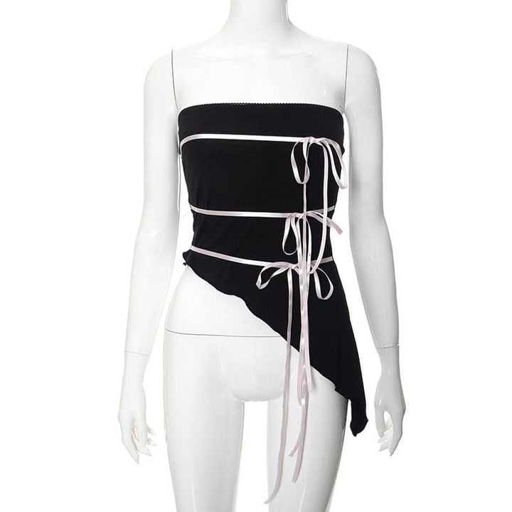Bowknot ribbon ruffle backless irregular tube top  | Festival Outfits Women
