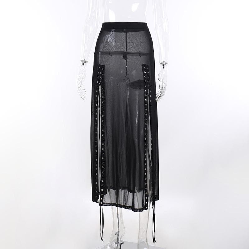 Sheer mesh see through lace up slit solid maxi skirt-final-sale