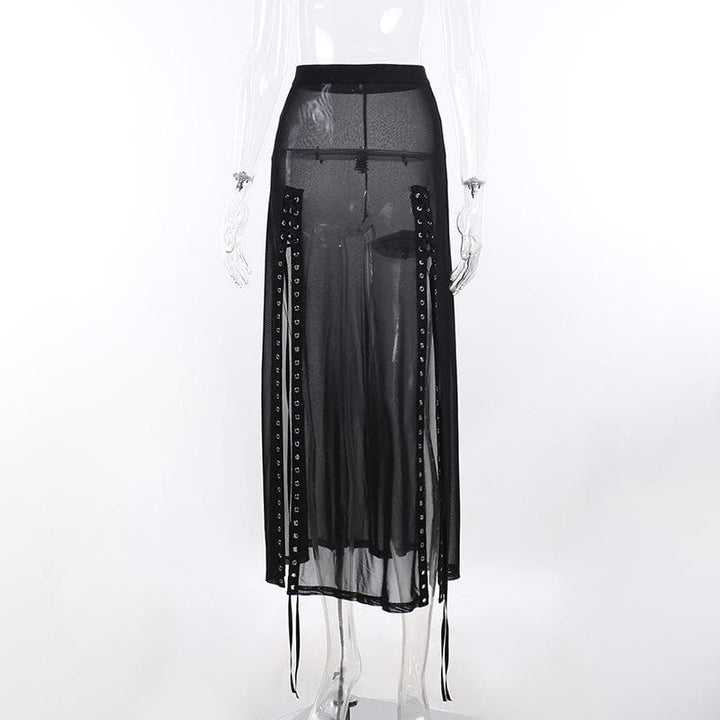 Sheer mesh see through lace up slit solid maxi skirt-final-sale