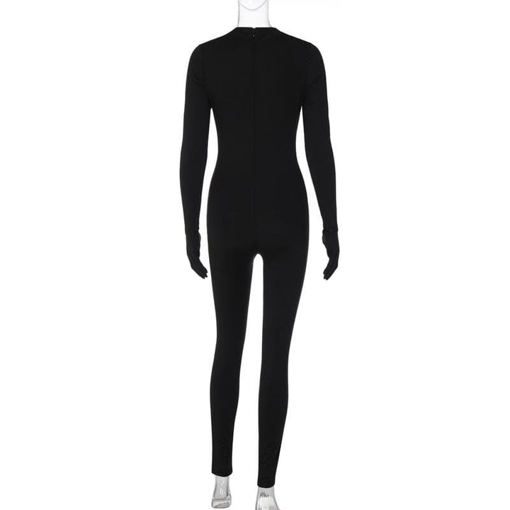 Long sleeve hollow out gloves solid zip-up jumpsuit