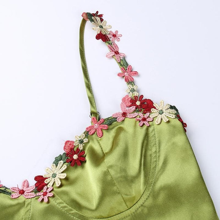 Sweetheart neck flower embroidery zip-up satin cami crop top