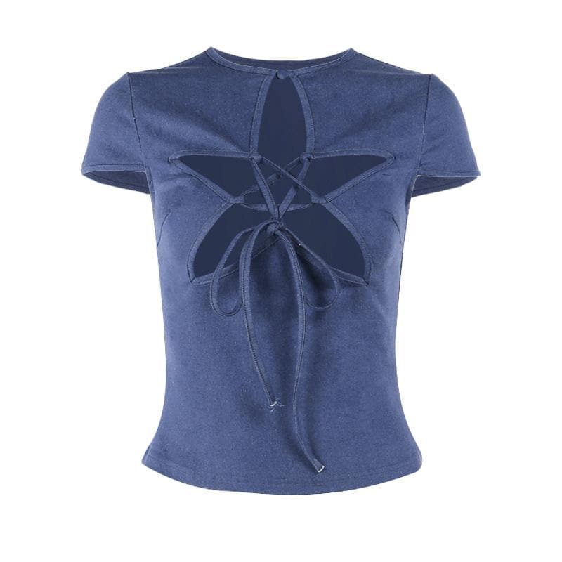Short sleeve crewneck hollow out denim self tie cut out top  | Festival Outfits Women