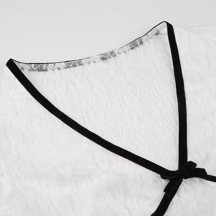 Lace contrast v neck cap sleeve bowknot ruffle crop top  | Festival Outfits Women