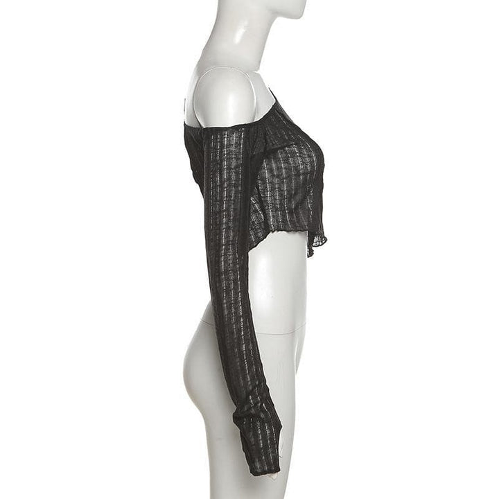 Long sleeve one off shoulder see through ruffled top - Halibuy